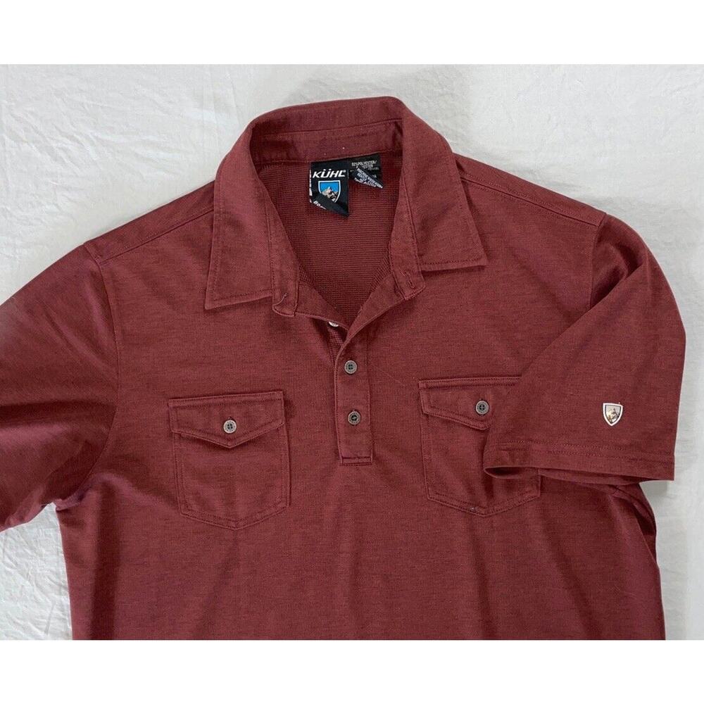 KUHL Metal Button Flap Pocket Lightweight Polo Shirt. Reddish Brown, Size L. EUC